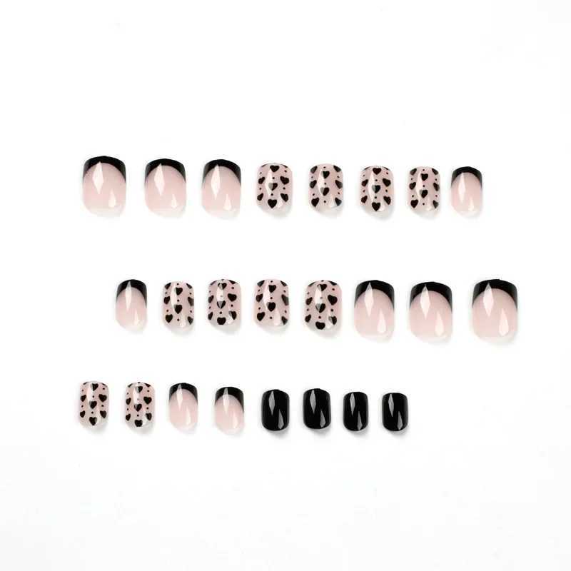 Black French Cute Love Heart Wearable Nail Art Glossy Short Fake Nails Detachable Finished False Nails Press on Nails with GlueT251118T251119