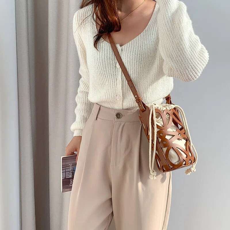 Korean Version Niche Design Cydrical Bucket Canvas Shoulder Women's Crossbody Versatile Pu Hollow Bag