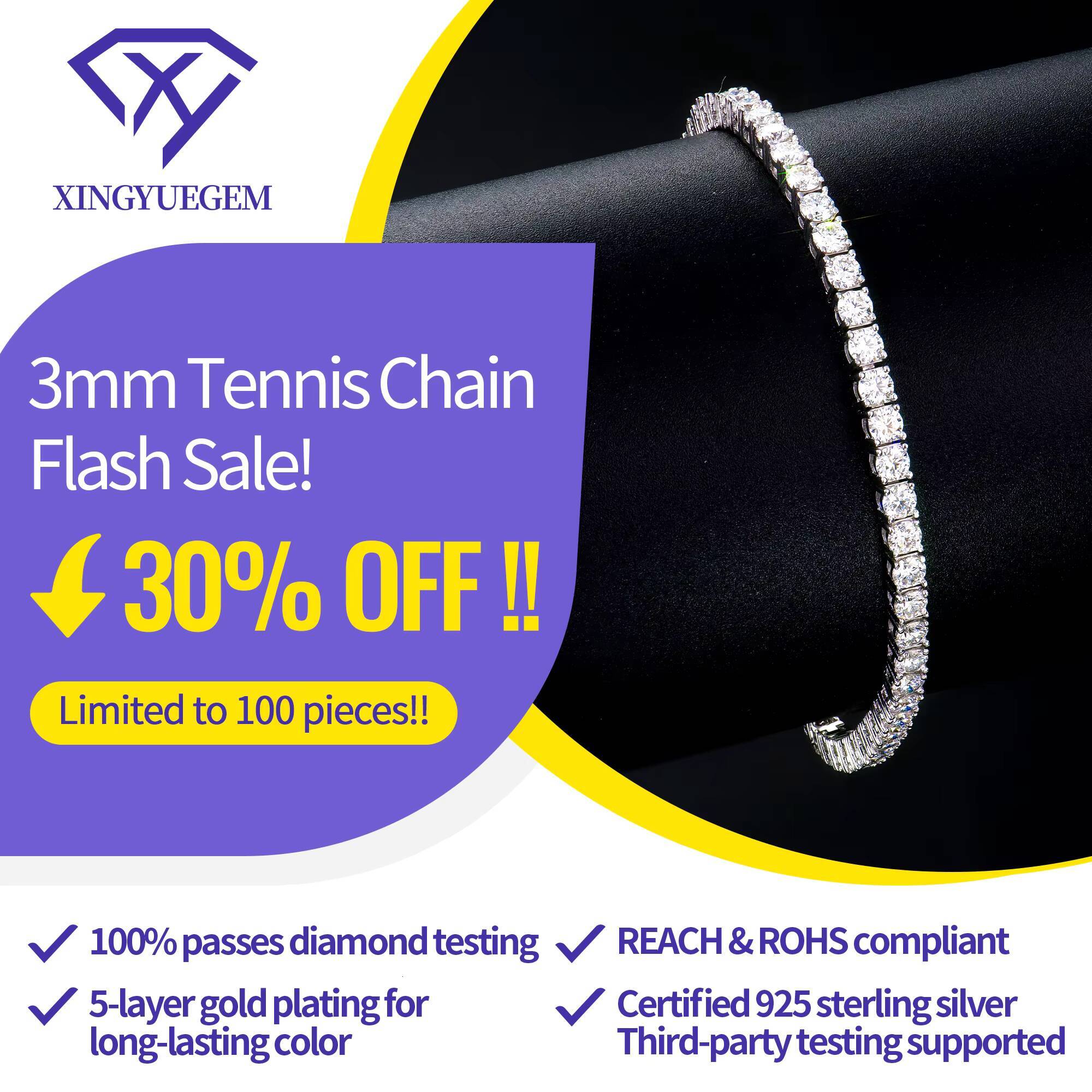 High Quality Tennis Bracelet 3mm Silver 925 D VVS1Moissanite Tennis Chain Pass Diamond Test Hip Hop Style Fashion Design