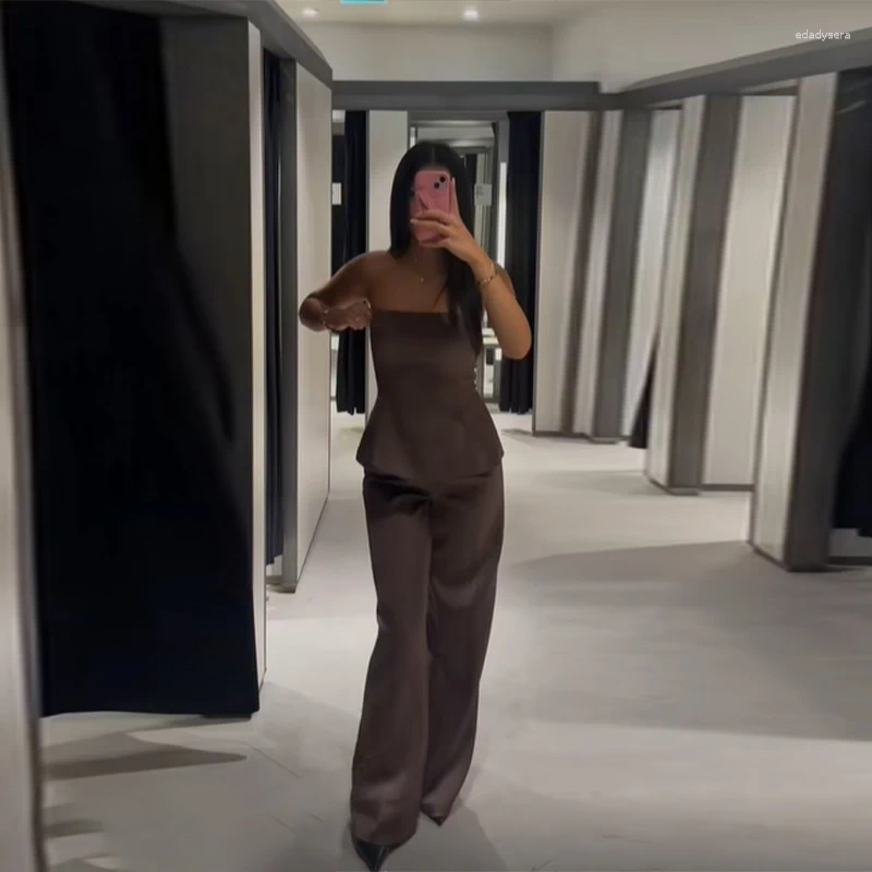 Women's Two Piece Pants Sexy Brown Satin Straight Suit Women Fashion Strapless Backless Slim Fit Vest Sets Summer Autumn Lady Commuting