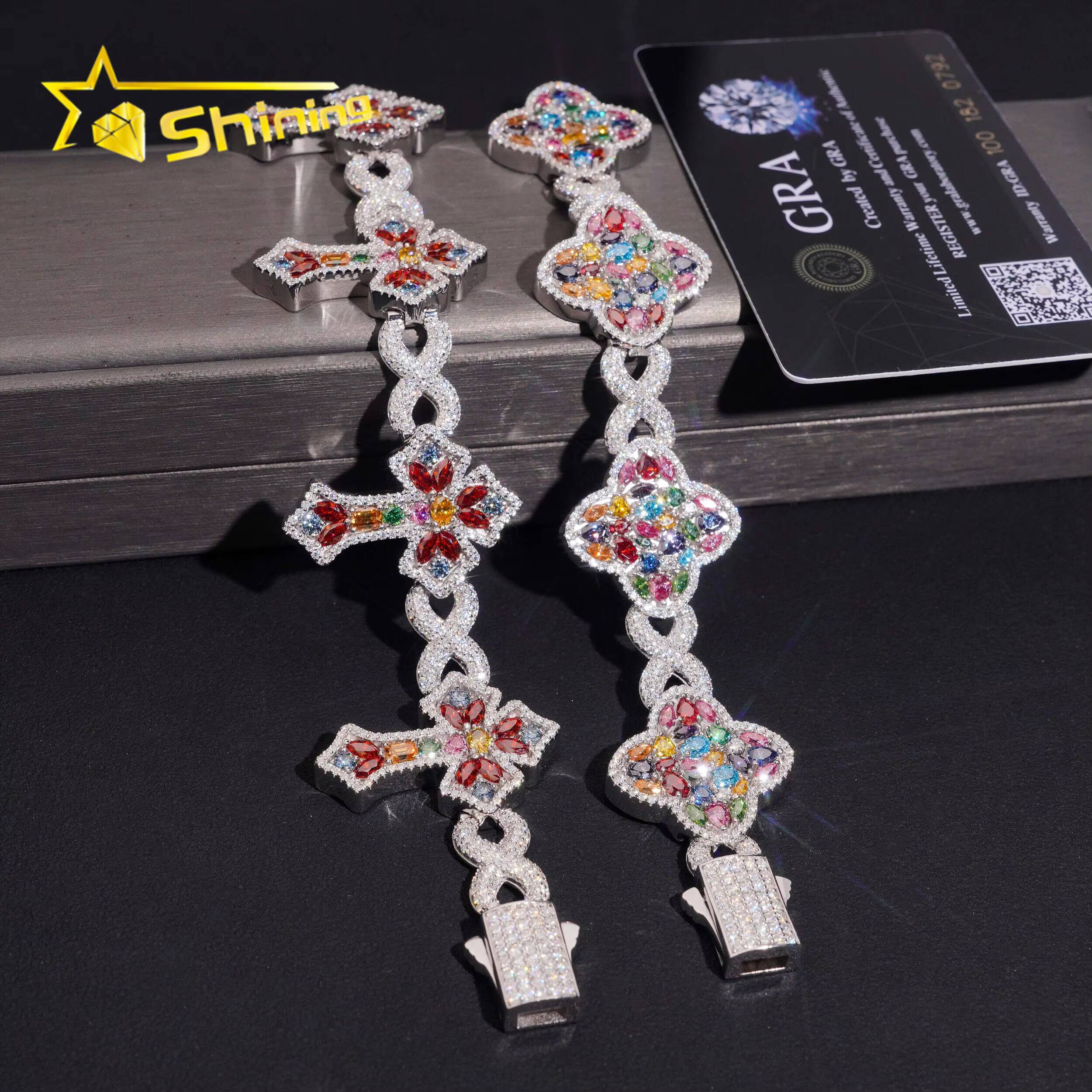 Hip Hop Jewelry Luxury Fancy Colored Moissanite Cross Cuban Bracelet Silver 925 Iced Out Infinity Moissanite Bracelet Men