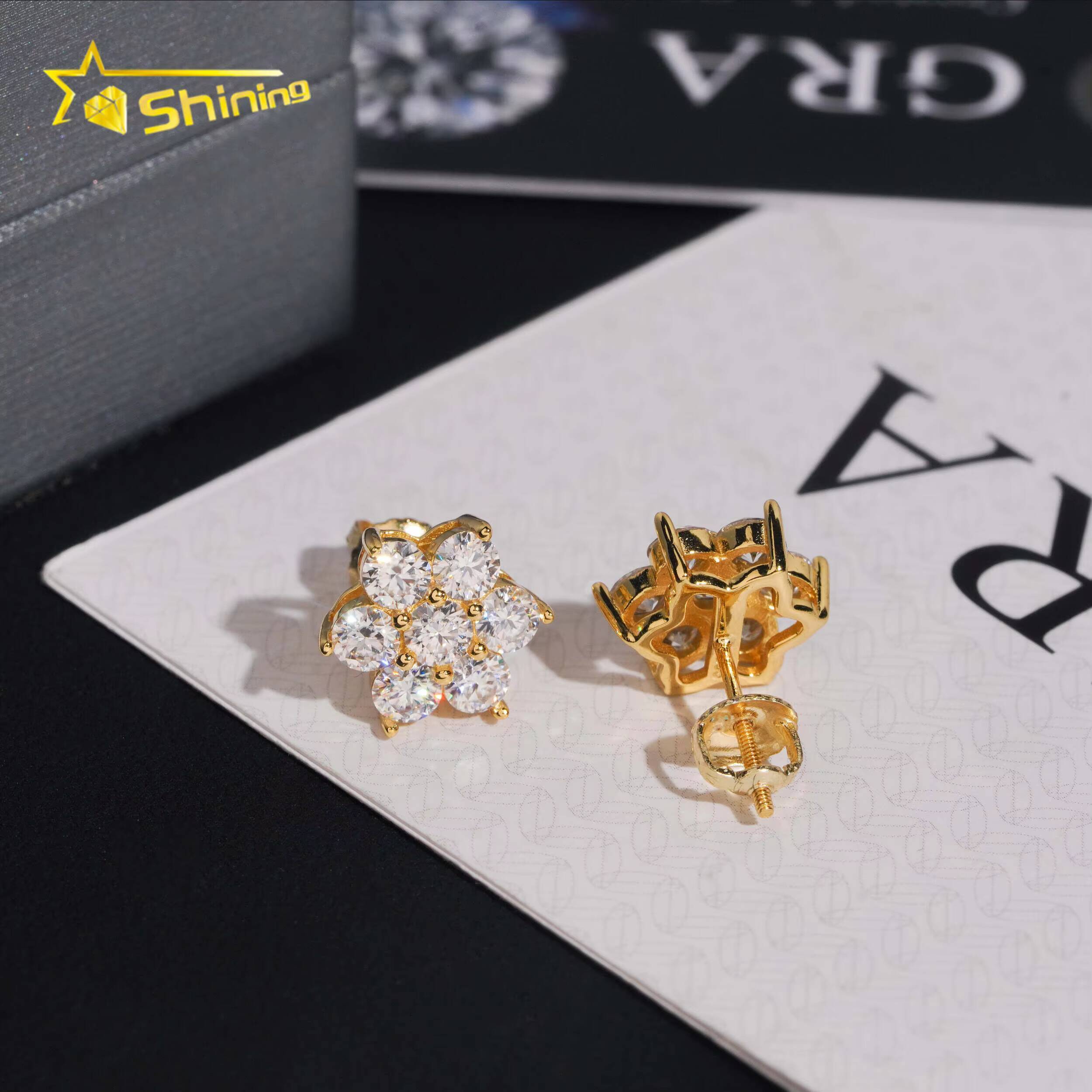 Hot Sale Flower Earring Gold Plated 925 Sterling Silver Iced Out VVS Diamond Moissanite Screw Back Stud Earrings Fine Jewelry