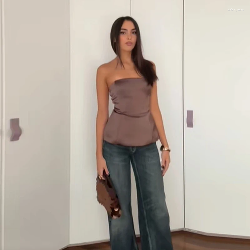 Women's Two Piece Pants Sexy Brown Satin Straight Suit Women Fashion Strapless Backless Slim Fit Vest Sets Summer Autumn Lady Commuting