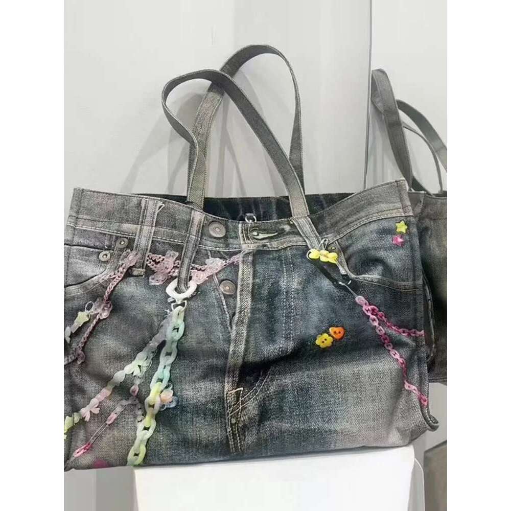 FIRMRANCH Street Photography Trendy Letter Chain Printed Design Large Capacity Denim Women's Shoulder Bag Tote Shopping Pouch