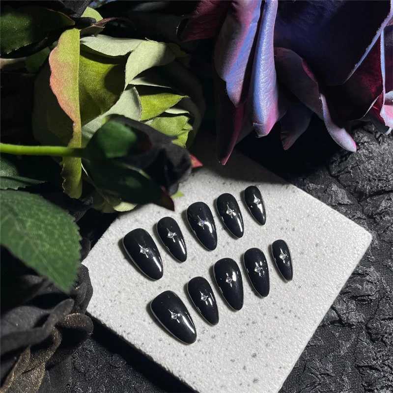10pcs Black Almond Press on Nails Handmade Acrylic Fake Nails Milky Way Stars Short Wearable False Nails Decoration Finger TipsT251118T251119