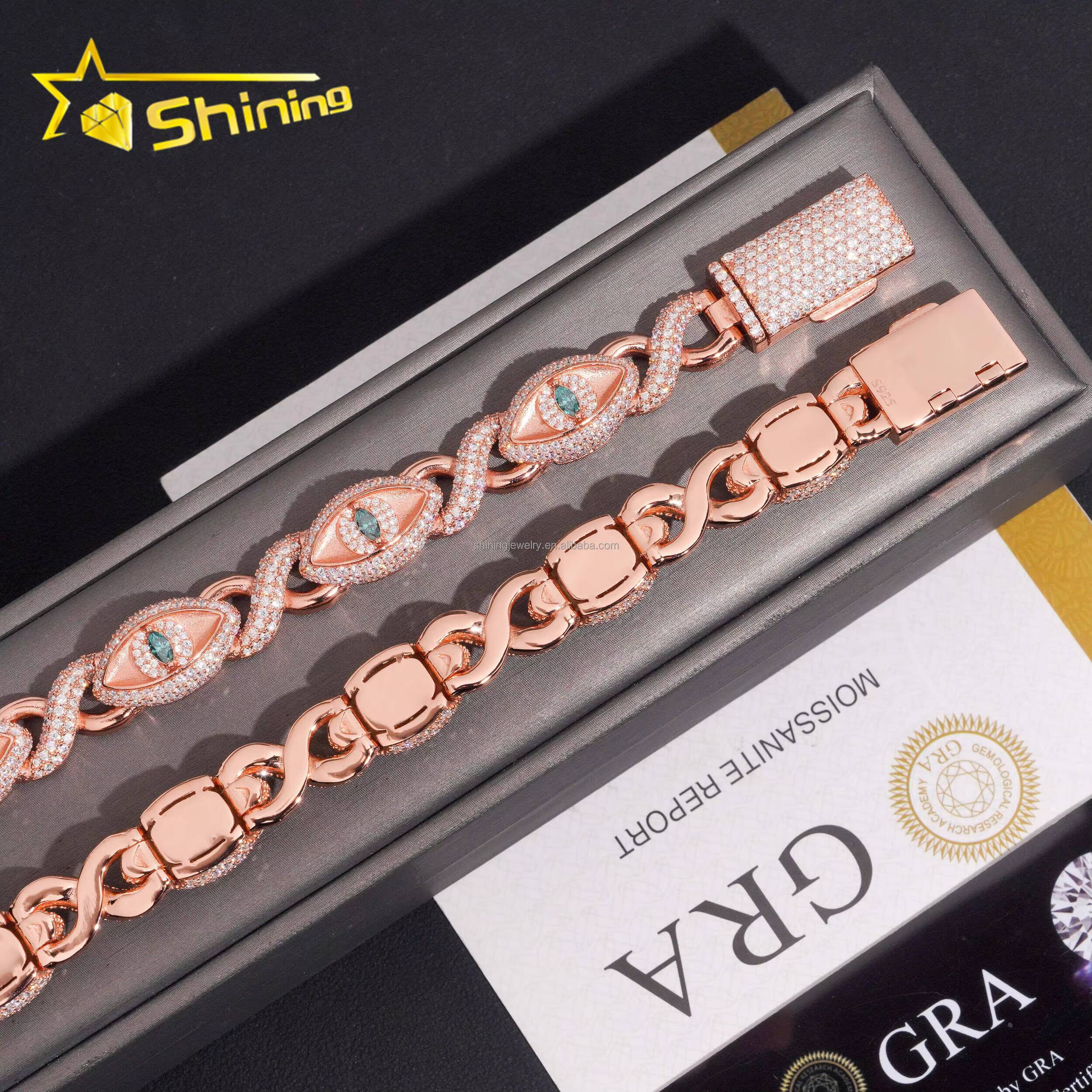 New Design 12mm Jewelry Hip Hop Green White Marquise Moissanite Diamond Iced Out S925 Silver Infinity Evil Eyes Cuban Bracelet