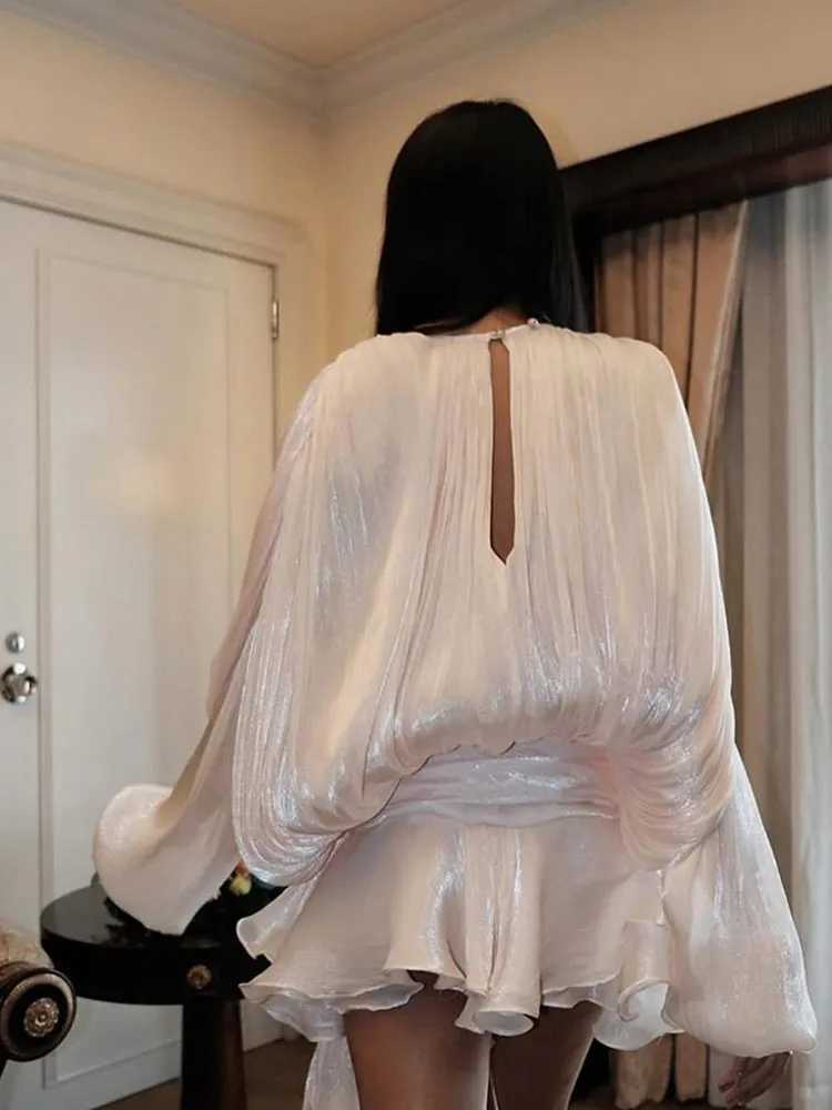 Fashionable womens lace V-neck lantern long sleeved mini dress with elegant folding and sexy hem vest 2025 summer new vacation dress M250419