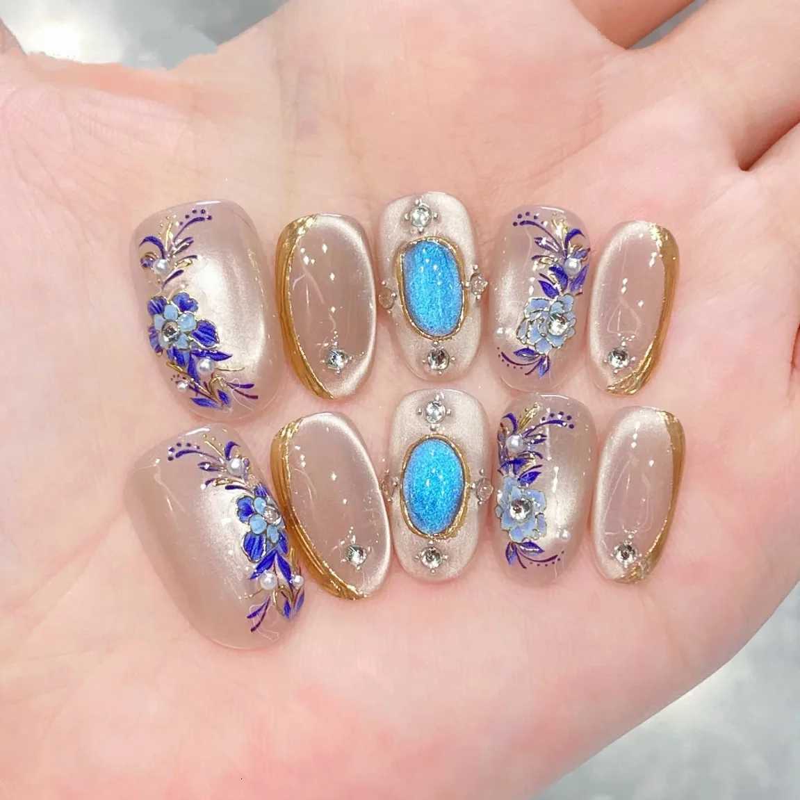 24Pcs Short Almond Fake Nail Blue Flower Cats Eye Design False Nails Press on Gilding Rhinestone Reusable Full Cover Nails TipsT251118T251119
