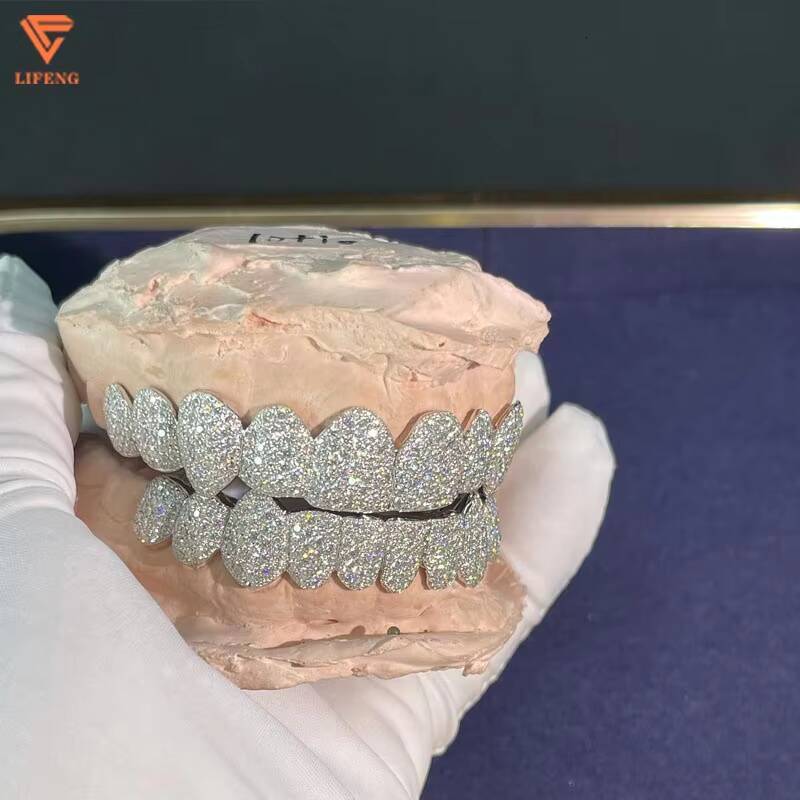 Lifeng Jewelry Deep Perm Cut Grillz Custom VVS Moissanite Hip Hop Honeycomb Grillz 16/20 Teeth White Gold Diamond Ice Out Grillz