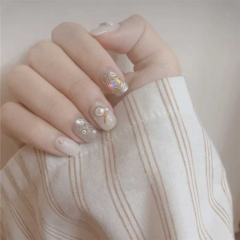24pcs Short Square Round Fake Nails Blue Sequin Design Press on Nails Full Cover Artificial False Nail Art Accessories ToolsT251118T251119