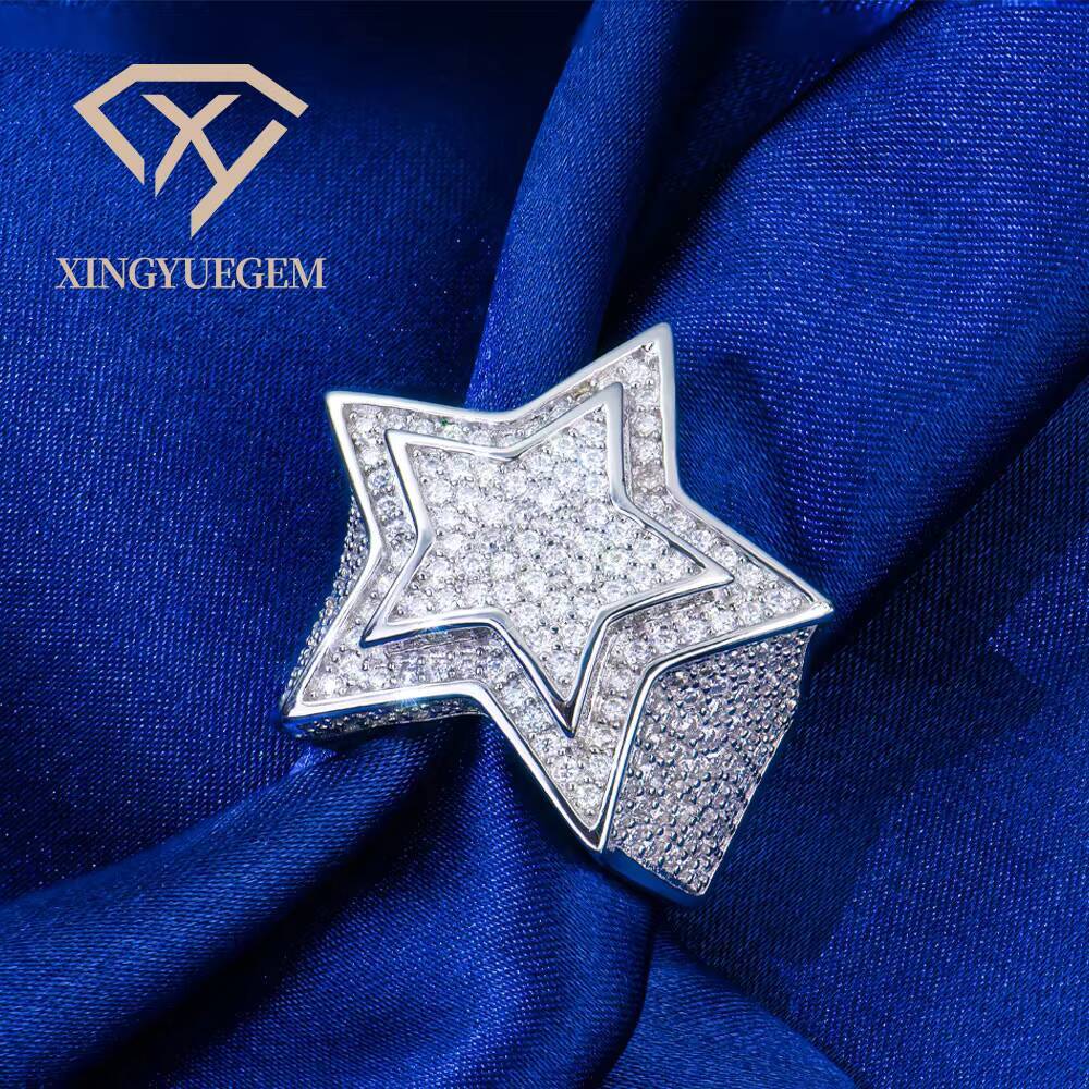 925 Sterling Silver Jewelry Hip Hop Style Pass Diamond Tester D VVS Iced Out Moissanite Double Layers Star Ring for Rapper Men