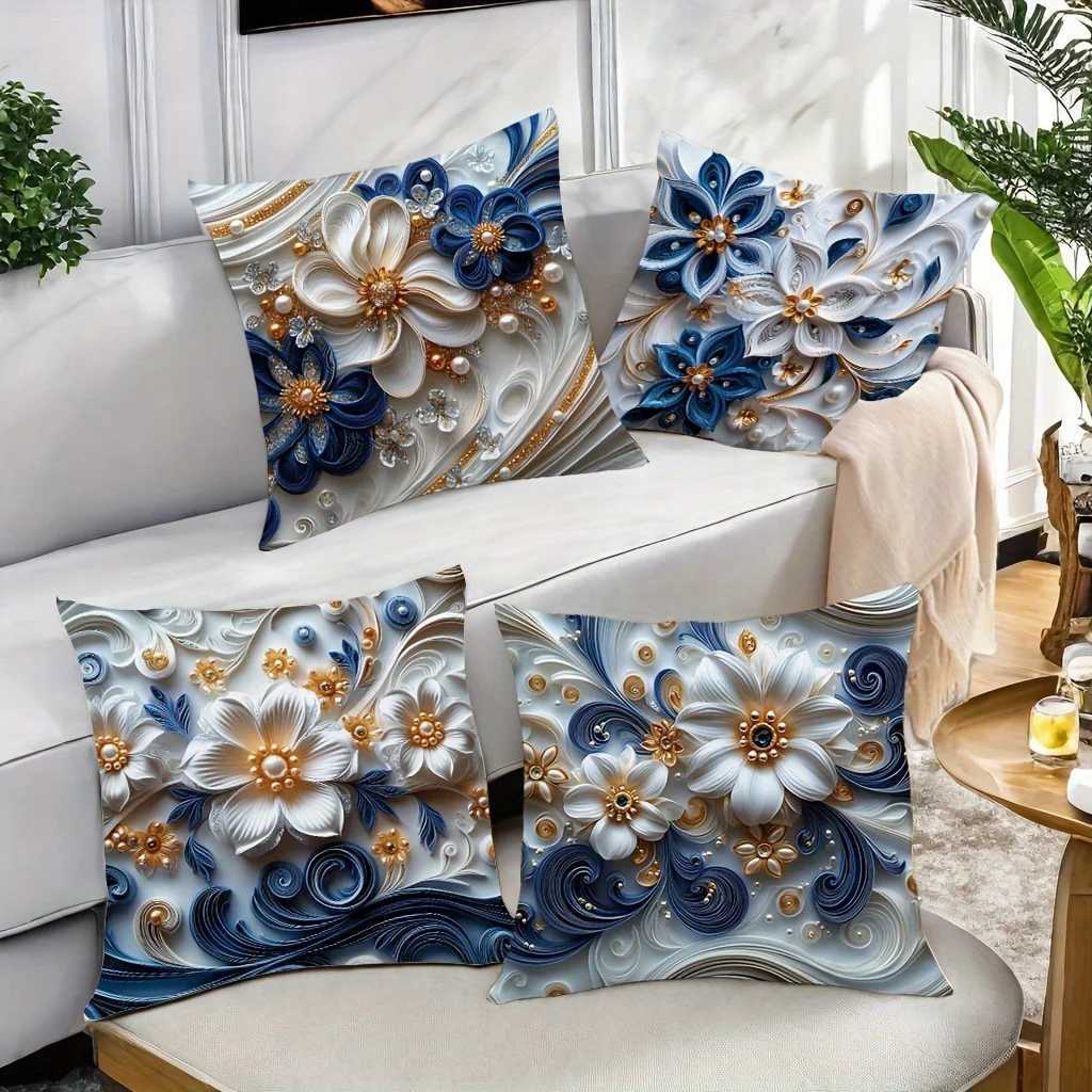 4pcs Elegant Floral Covers Luxe Blue White Gold Design Perfect for Living Room Holiday Home DecorM251119