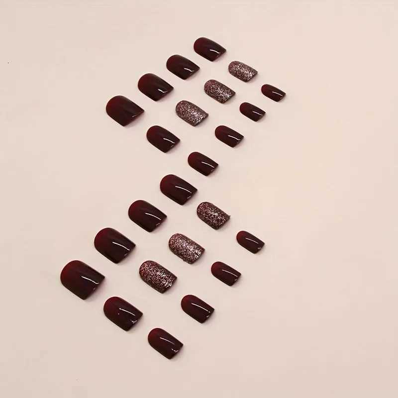 24pcs Glossy Short Square Fake Nails Solid Wine Red Press On Nails Sparkling False Nails For Women Girls Daily Party WearT251118T251119