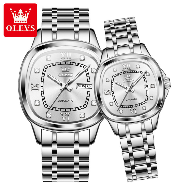 OLEVS Designer Automatic Mechanical Watch Wine Barrel Square Steel Band Calendar Women's Waterproof Luminous Luxury Men's Wristwatch Free Sh