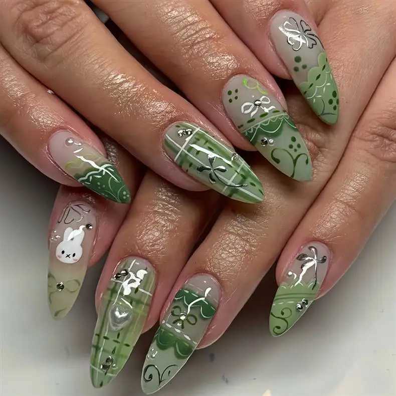 24PCS Sweet Green Flower Almond Press on False Nails Cute Cartoon Rabbit Bow Plaid Stiletto Fake Nails for Women Simple Ins NailT251118T251119