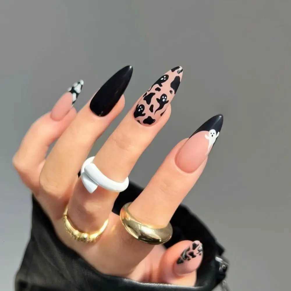Full Cover Color Gradation Almond False Nail Aurora Rhinestones Fake Nails Golden Line Mid-length Detachable Press on NailsT251118T251119