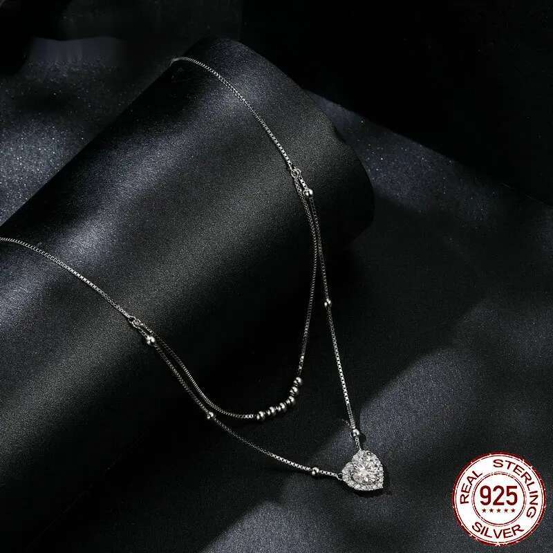 Bamoer Sterg Sier Halo Heart Moissanite Pendant Double-layer Necklace for Women Valentine's Day Gift
