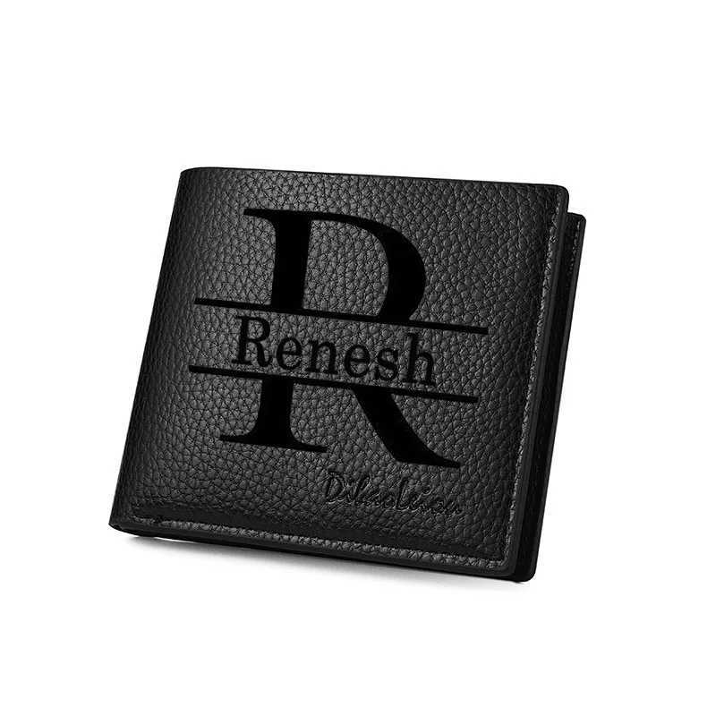 Personalized Custom Name Men Lychee Print Short Wallet Casual Zipper Credit Card Purse with Multi Slot ID Holder and Coin PocketT251119