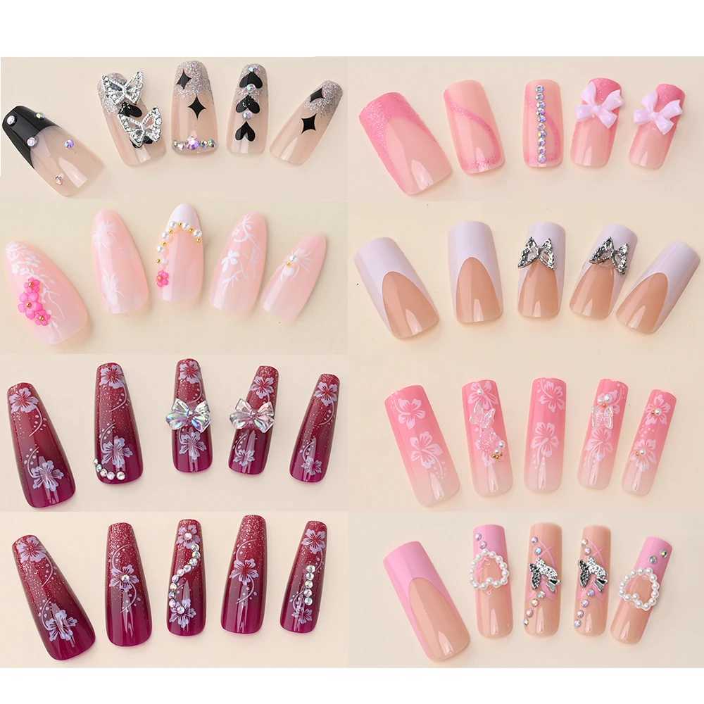 24Pcs French Fake Nails y2k alloy Butterfly Design coffin Long Fake Nail Patch Full Cover Press on Artificial nails Nail PatchesT251118T251119