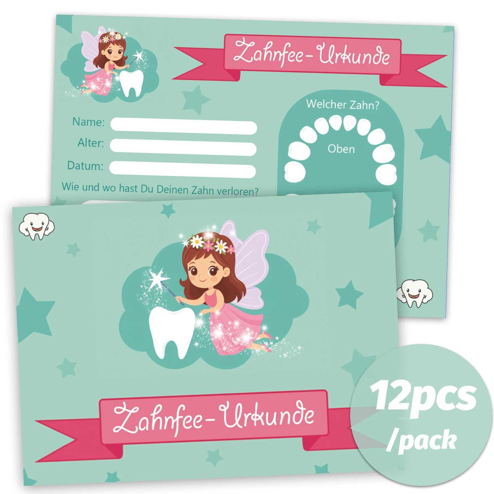 12pcs Tooth Fairy Certificate Zahnfee Urkunde Tooth Loss Commemorative Card with Green Background and Tooth Fairy Pattern Name G251119
