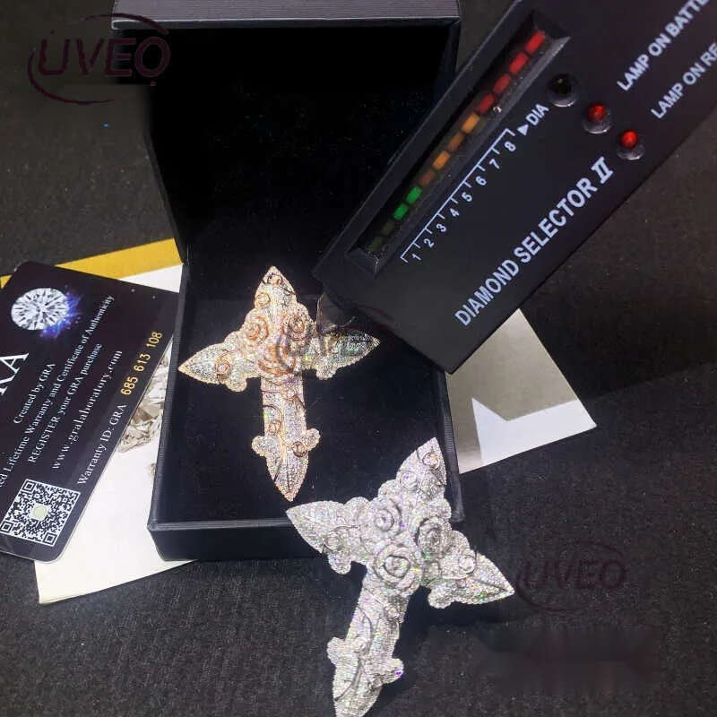 Fine Jewelry Iced Out 3D Sterg Sier Hip Hop VVS Moissanite Cross Pendant Pass Dia Tester
