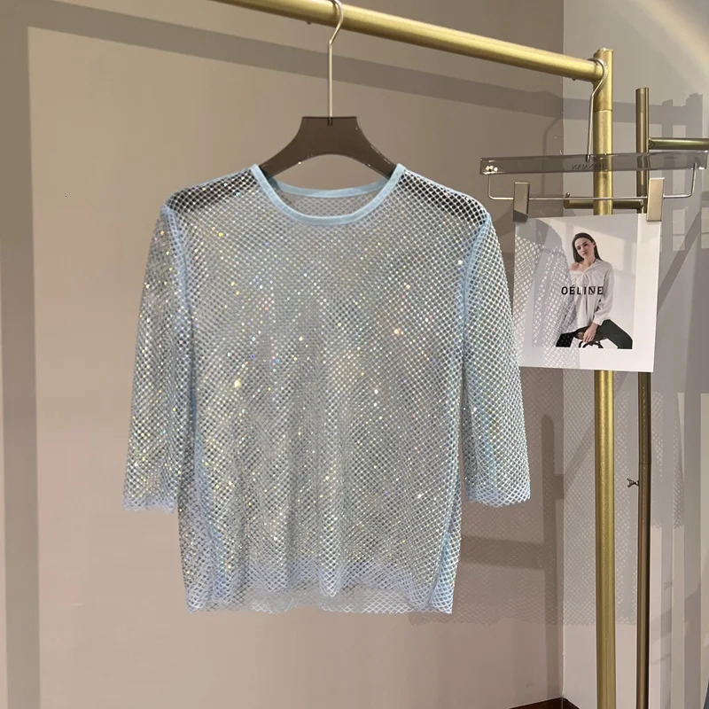 Mesh Diamonds Crystal Short Top Diamonds Super Fairy Inner Party Unlined Shiny Hollow Out Bottom Shirt 250415