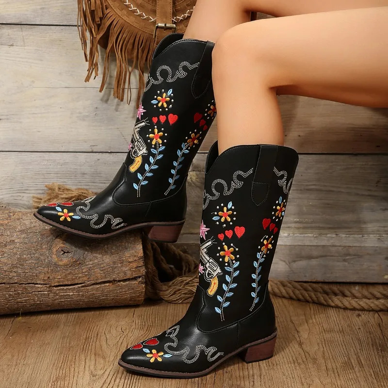 Womens Fashion Embroidered High Heels Western Cowboy Boots Womens Thick High Heels Ethnic Corner Leather Boots 250418