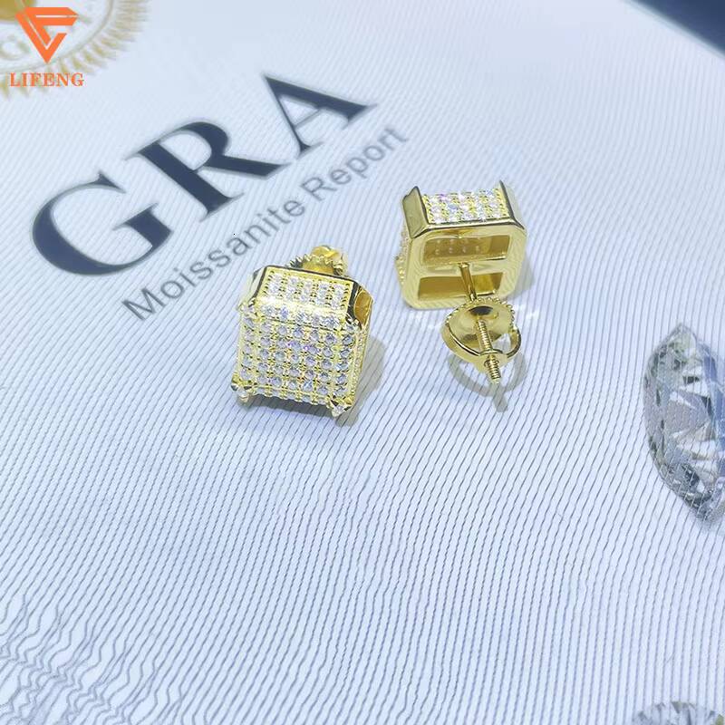 925 Sterling Silver Fine Jewelry Earrings Shiny Square Pleated With Gold Iced Out Moissanite for Men Women