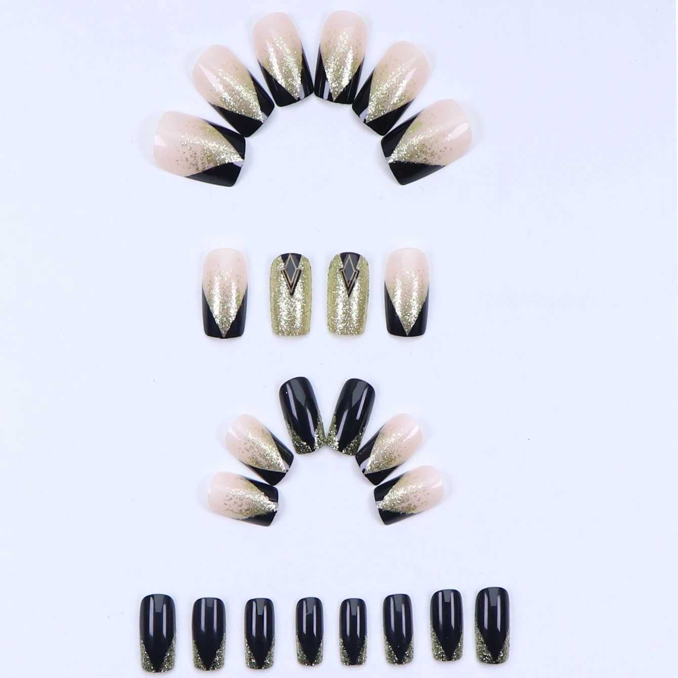 24PCS Square Medium Length Black Full Coverage Fake Nails With Gold Glitter Design French Nail Decoration For Women And GirlsT251118T251119