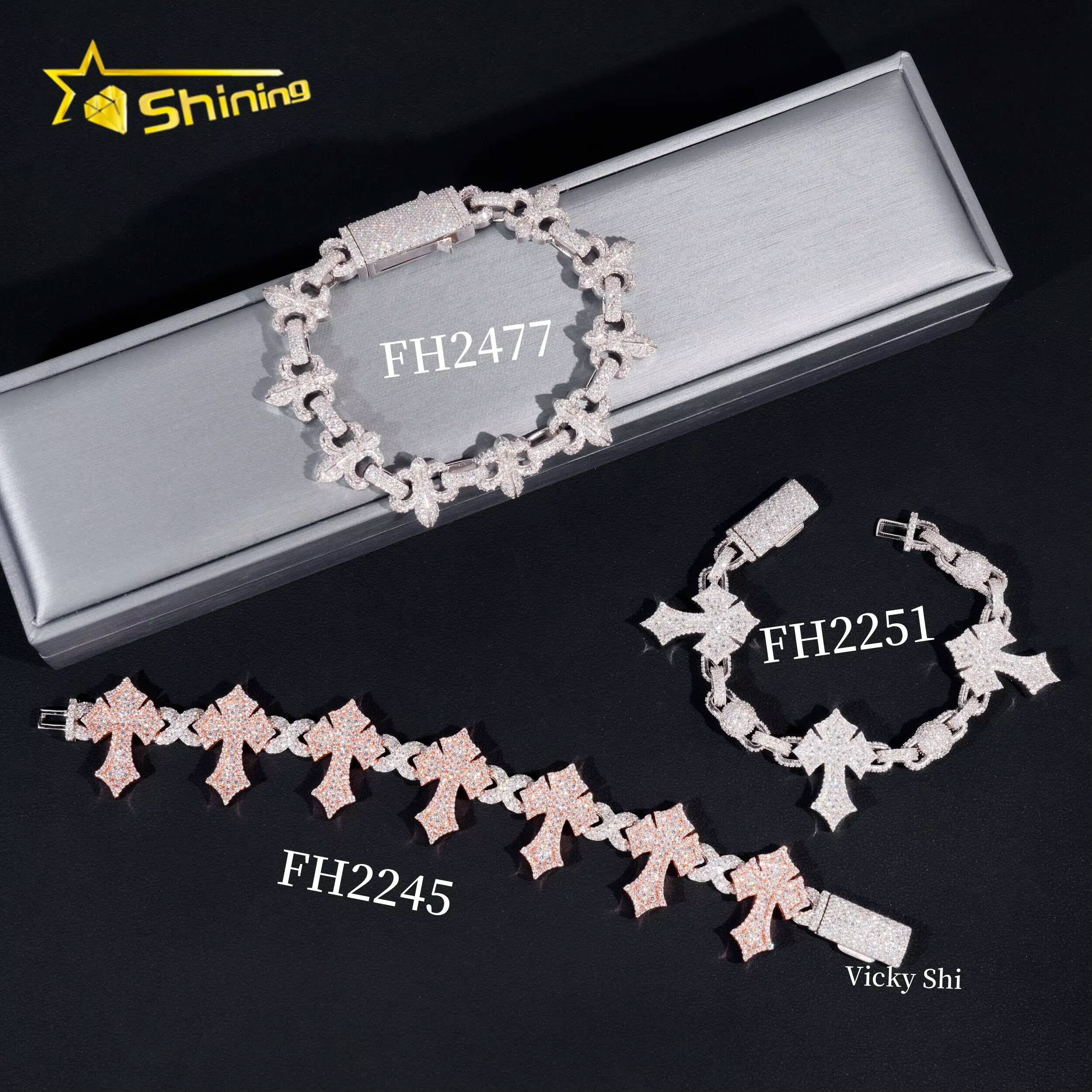 Men Hot Selling Moissanite Bracelets Collection Iced Out 925 Sterling Silver Moissanite Cross Evil Eyes Cuban Bracelet