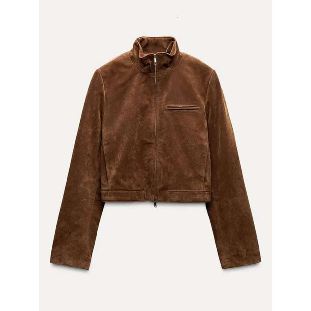 Designer Clothes 2025 Spring Short Suede Jackets Women Brown Stand Collar Zipper Long Sleeve Female Coats Fashion Street Y2k Lady Outwears