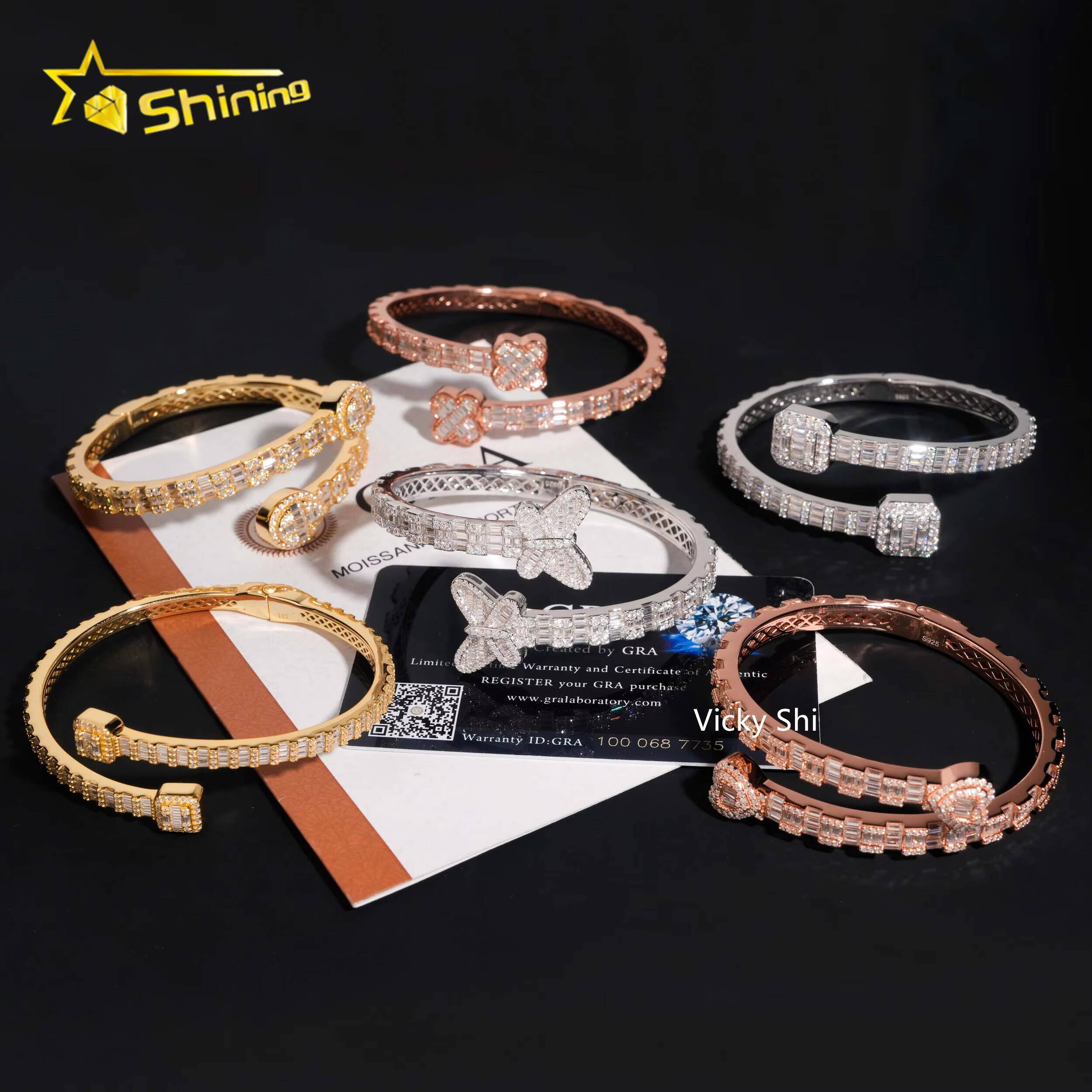 Fine Jewelry Men Women Moissanite Bracelets 925 Sterling Silver Butterfly Heart Clover Style Moissanite Bangles Ready to Ship