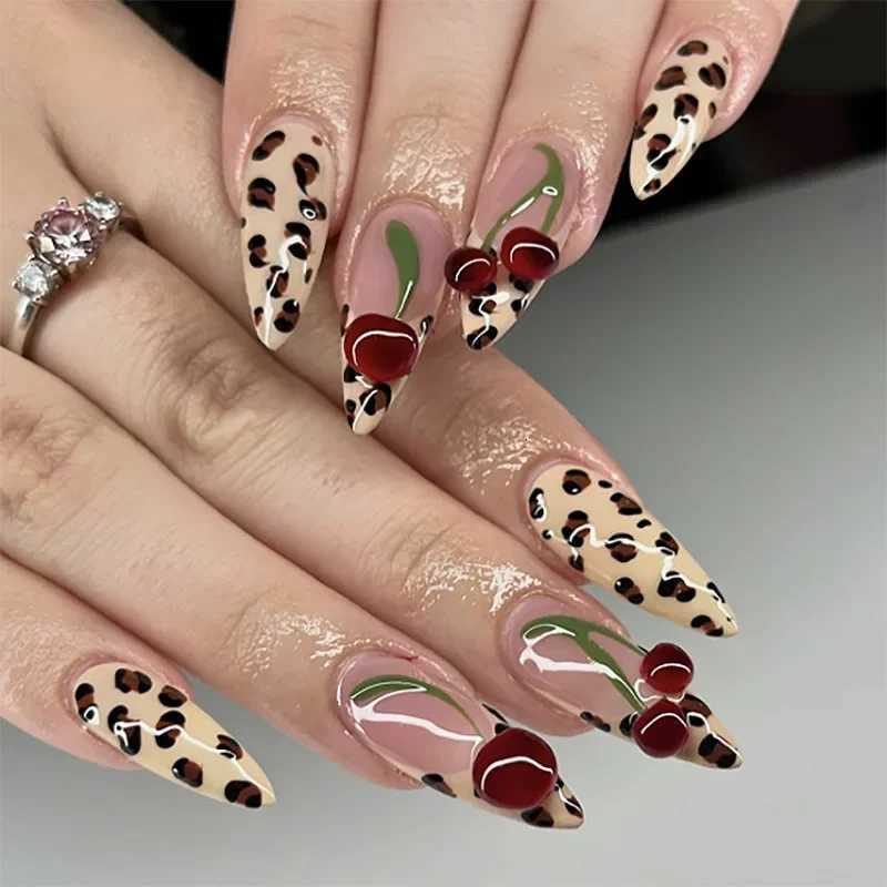 24Pcs Leopard Print Fake Nails Black Bow Press on Long Almond with Rhinestone False Nails Wearable Finished Fingernails Nail ArtT251118T251119