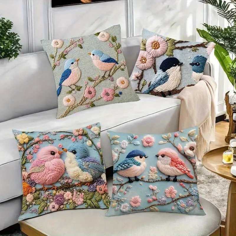 Floral Bird Covers 4pcs 2D Digital Print Faux Embroidery Soft Polyester Zippered for Living Room Sofa DecorM251119