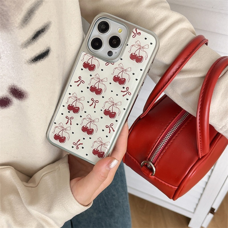 Bowknot Cherry Phone Case Compatible with iPhone 16 Pro Max Silver Edge Protective Case iPhone 15/14/13 Pro