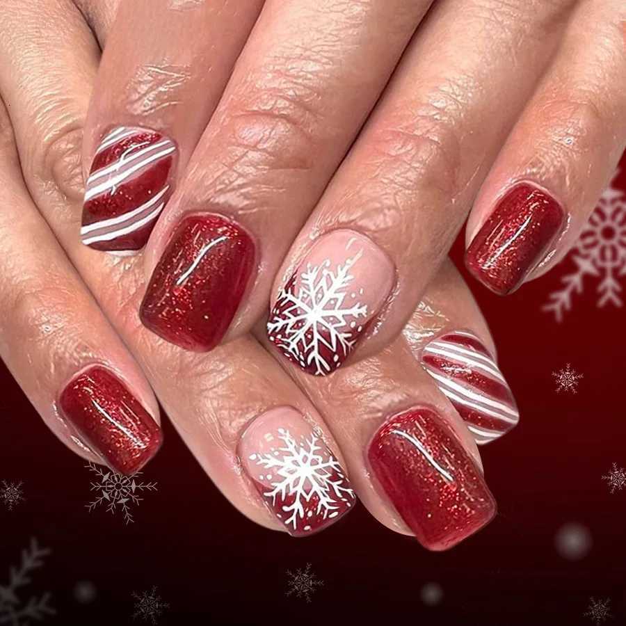 24pcs Shiny Powder Full Cover Nail Art French Red Short Square Fake Nails Christmas Snowflake False Nail Reusable Press on NailsT251118T251119