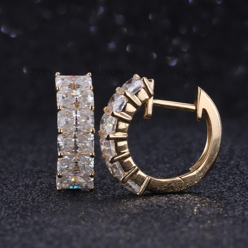 Yellow 14k Gold Crushed Ice Radiant Cut 3x5mm Moissanite Diamond Hoop Earrings