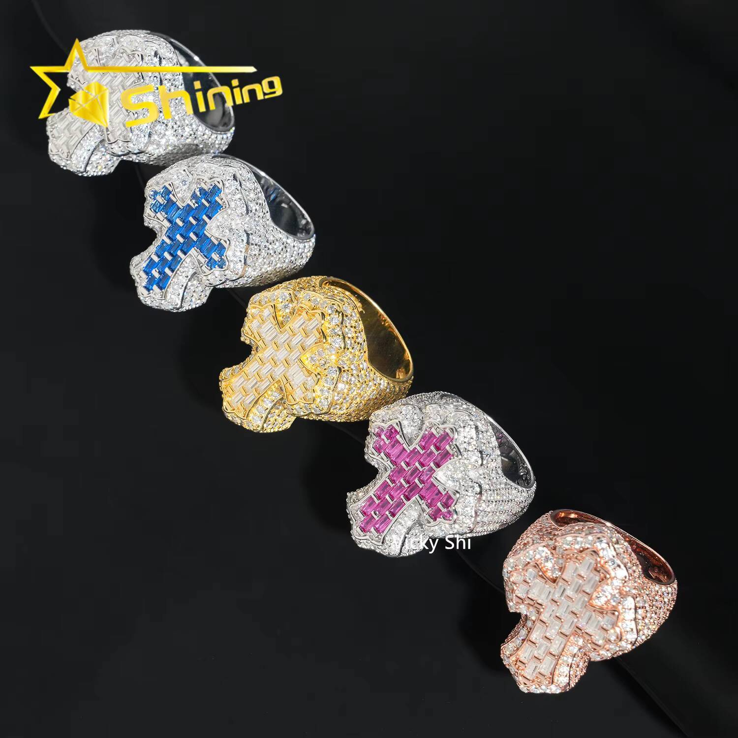 Iced Out Moissanite Mens Ring 925 Sterling Silver VVS Moissanite Cross Ring GRA Custom Hip Hop Ring Moissanite Jewelry