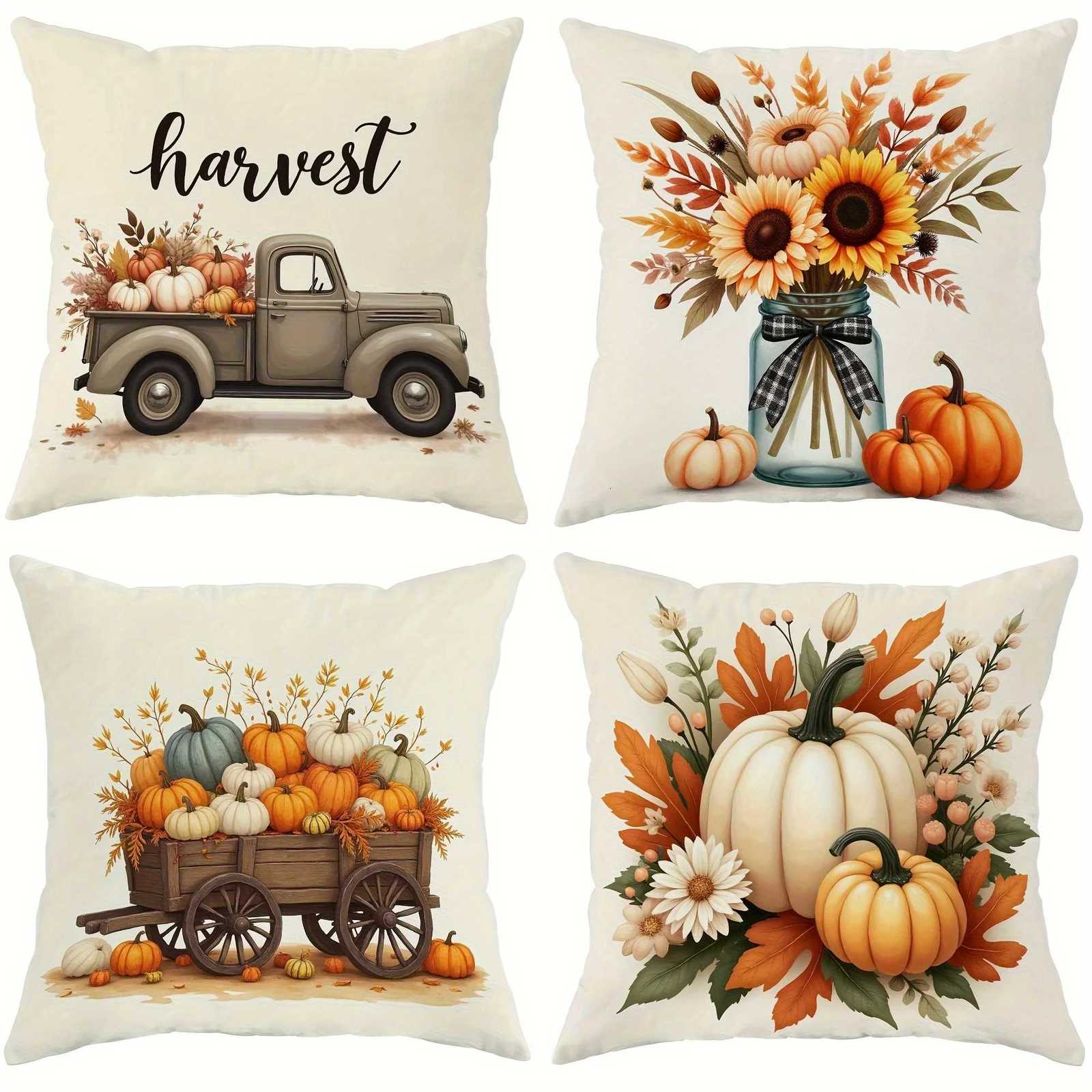 4pcs Thanksgiving Vintage Truck and Fall Decorative Covers - Country Farmhouse Style Polyester Single-Sided PrintM251119