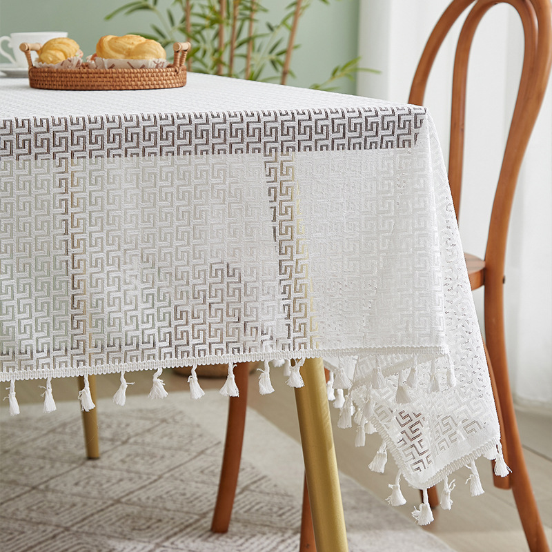 Hollow-out tablecloth, cotton and linen, artistic and sophisticated rectangular tablecloth, coffee table cover, stain-resistant 9DSS01