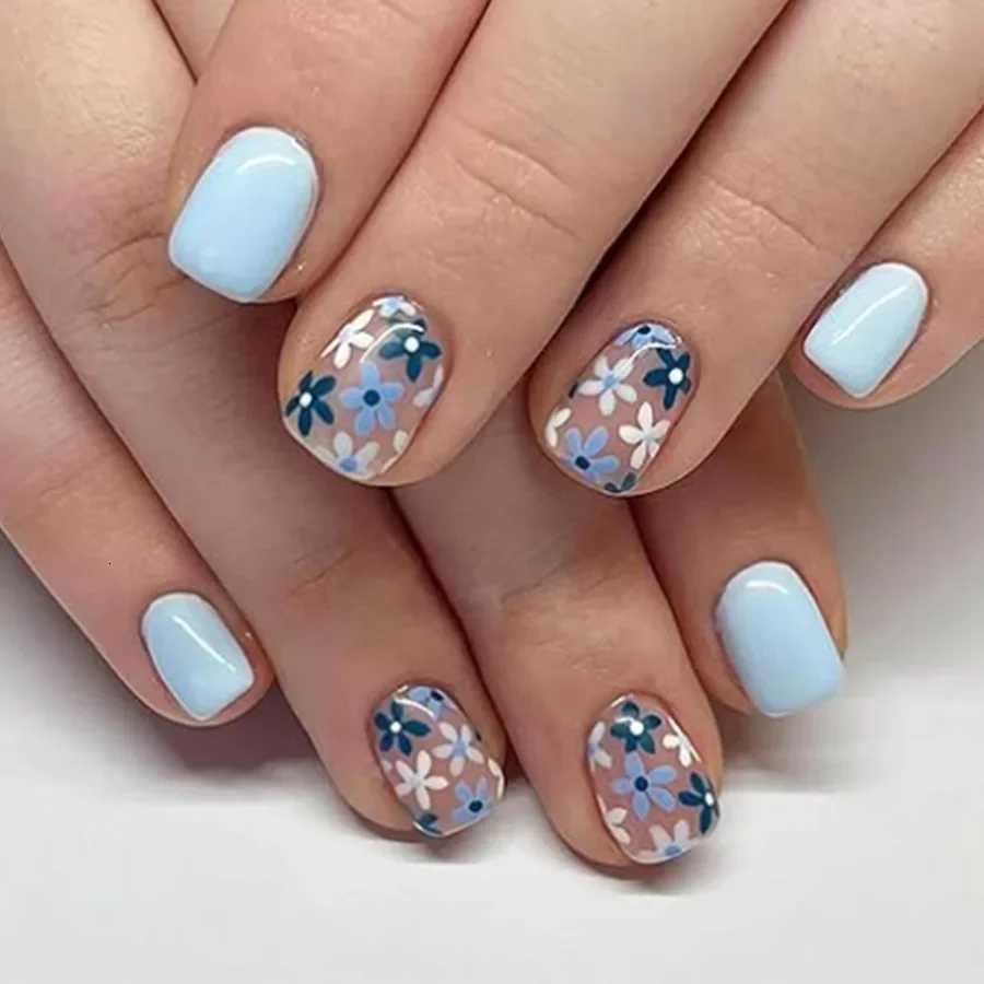 24pcs/box Glossy Short Square Fake Nails Colorful French Tip Press On Nails Flower Pattern Spring Summer False Nails For WomenT251118T251119