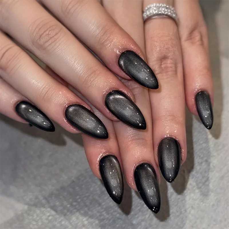24pcs Gradient Black Pointed Nail Art Fake Nails Press On Nail Tips Artificial Nails Wearable Long Almond False Nails FinishedT251118T251119
