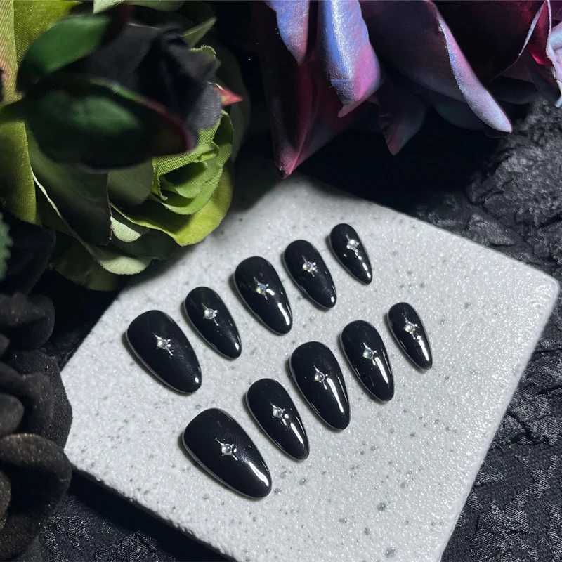 10pcs Black Almond Press on Nails Handmade Acrylic Fake Nails Milky Way Stars Short Wearable False Nails Decoration Finger TipsT251118T251119