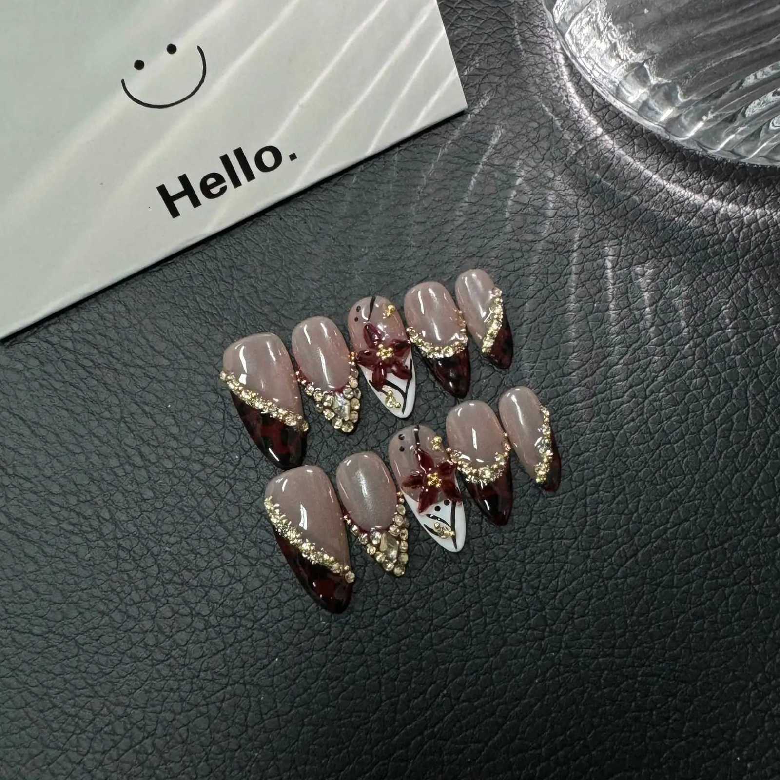 10pcs Handmade Fake Nails 3D Sculpted French Almond Manicure Press on Nail Mid-Length Ladder Nail Art Removable Wearable NailT251118T251119