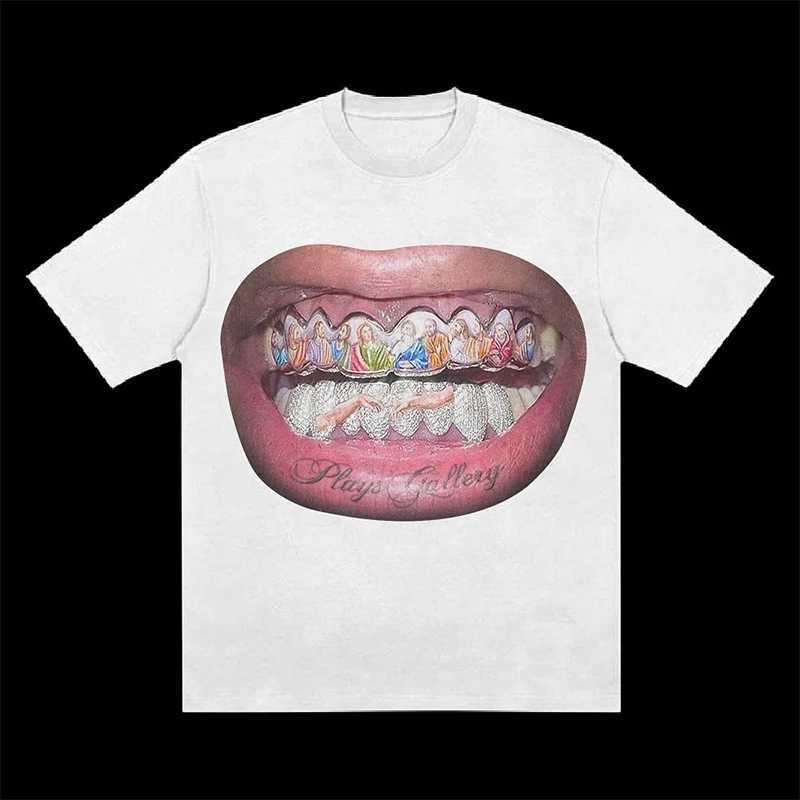 Rock hip-hop mens cotton short sleeved T-shirt Harajuku oversized casual O-neck punk lip print retro gothic Y2K streetwearXJ250418