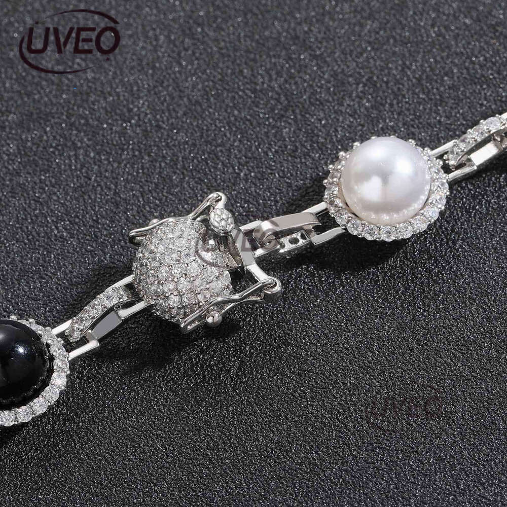 Luxury hip hop micro-inlaid sterling silver ice out VVS Moissanite black and white pearl necklace, men and women's cascading chain Free delivery