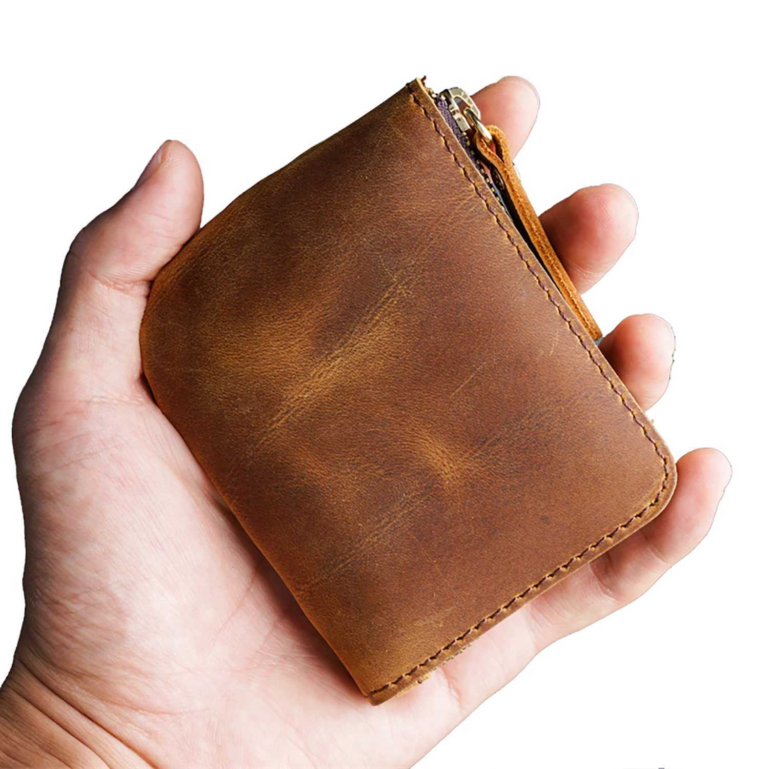 AIGUONIU Custom Wholesale Crazy Horse Genuine Leather Short Card Holder Men Wallet Retro Zipper Coin Pocket Wallet for MenT251119