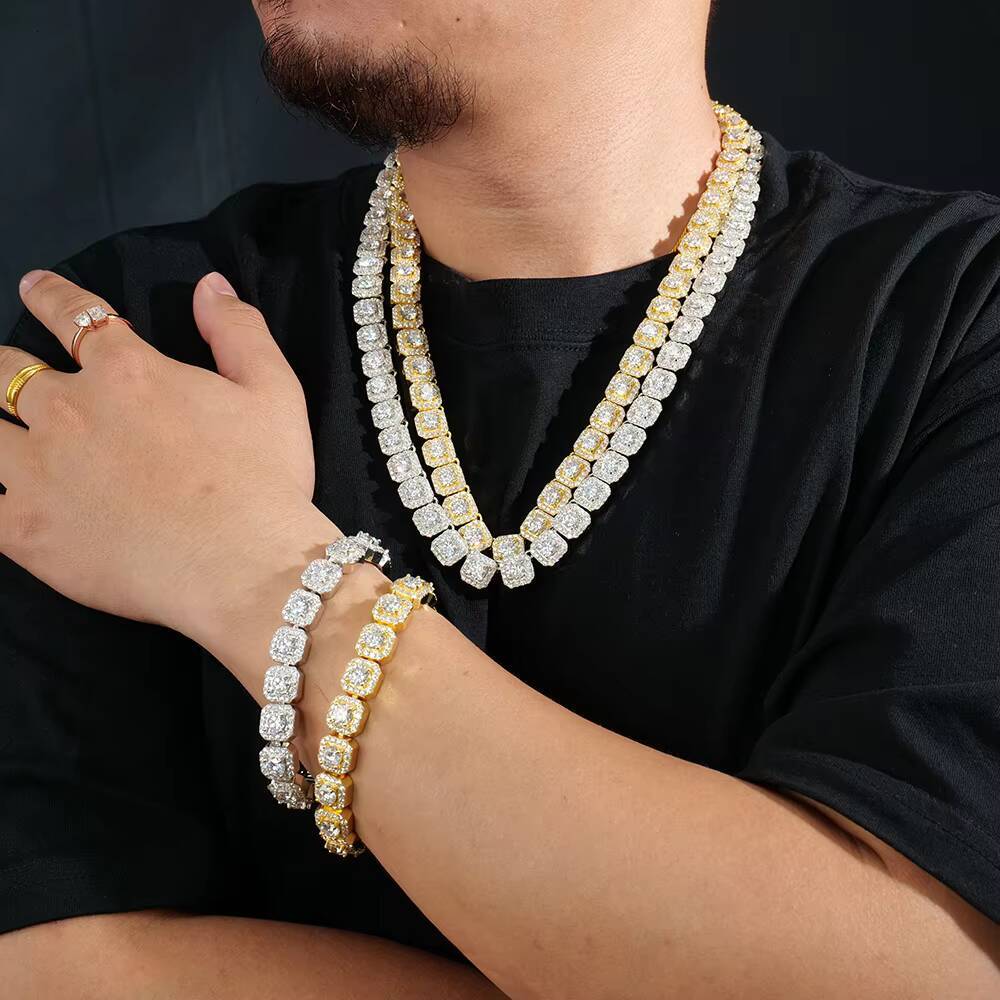 Factory Hip Hop Cuban Gra Certified 11mm Width Mossanite Clustered Square Tennis Chain Necklace