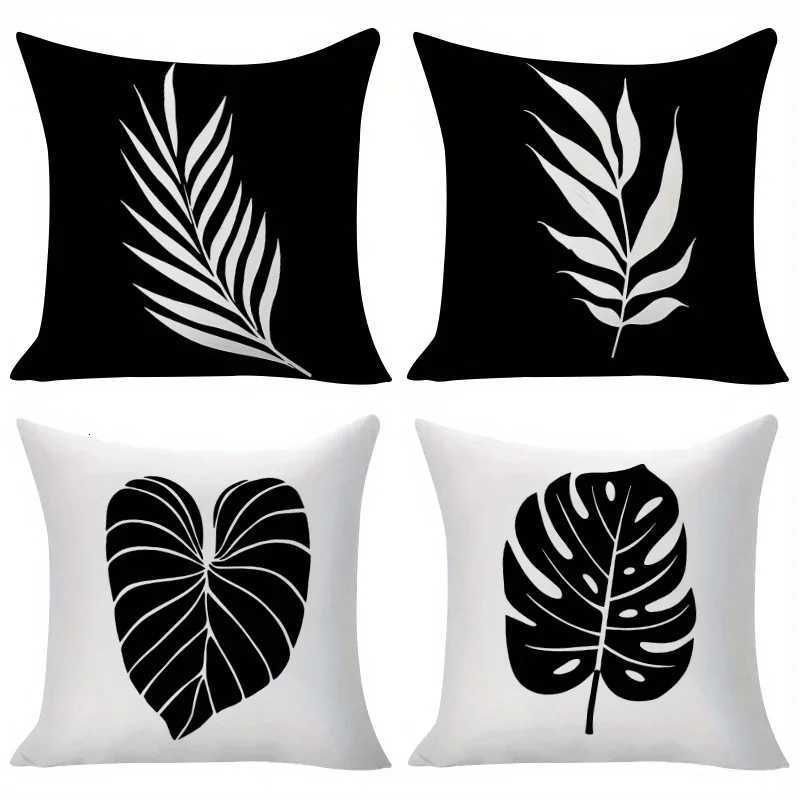 4pcs Set of Simple Black and White Leaf Pattern Covers Available in Three Sizes Square Soft Polyester Cushion Covers wiM251119