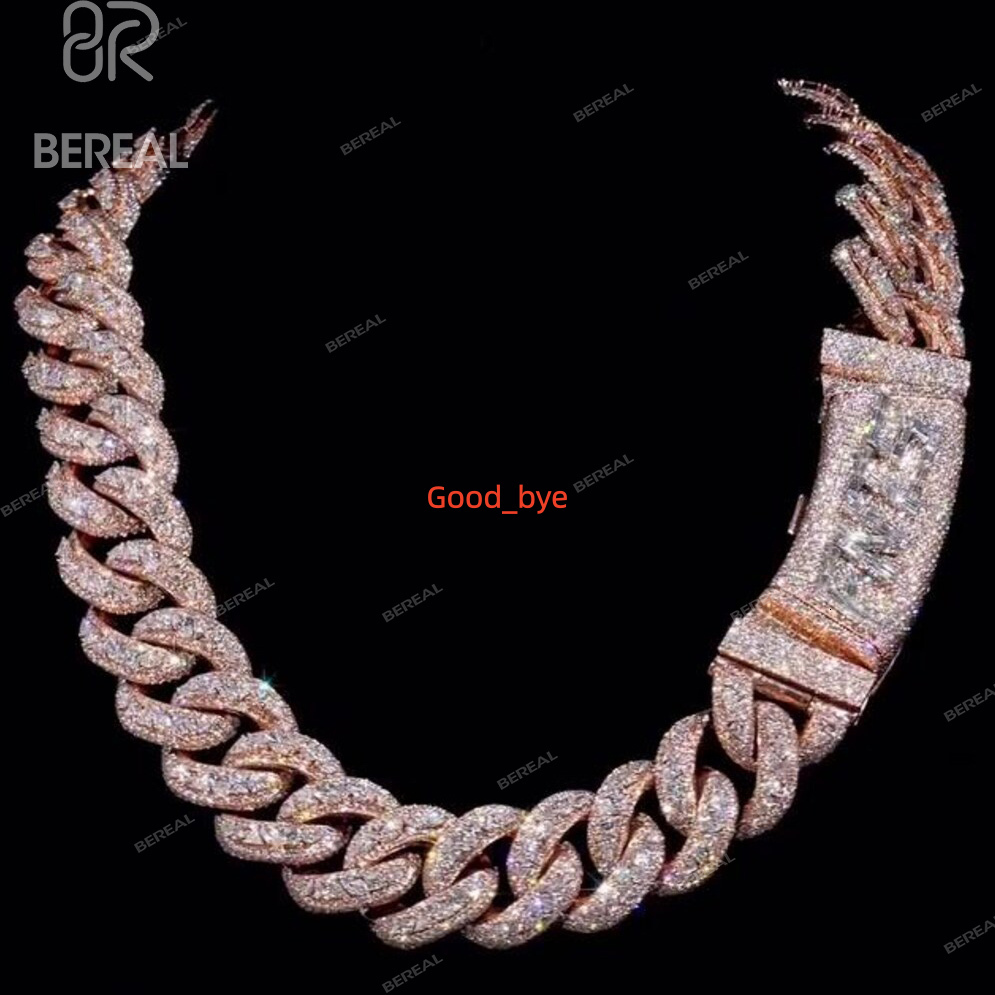 Hip Hop Style Baguette Cut Vvs Moissanite Cuban Link Necklace Iced Out Rose Gold 925 Silver Cuban Bracelet Fine Men Jewelry
